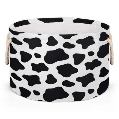 Pardick Large Round Storage Basket Black ans White Cow Skin Collapsible Circle Storage Bin Laundry Hamper With Handle for Kids Toy Blanket Dirty Clothes Towel Living Room Nursery Storage Organizer - color: D:Cow Skin