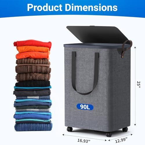 Laundry Basket with 5 Wheels, Tall Dirty Laundry Hamper, Rolling Laundry Basket with Lid, Large 90L Collapsible Clothes Hamper for Laundry Room Bedroom Bathroom Dorm, Light Gray - color: Light Gray, size: 90L
