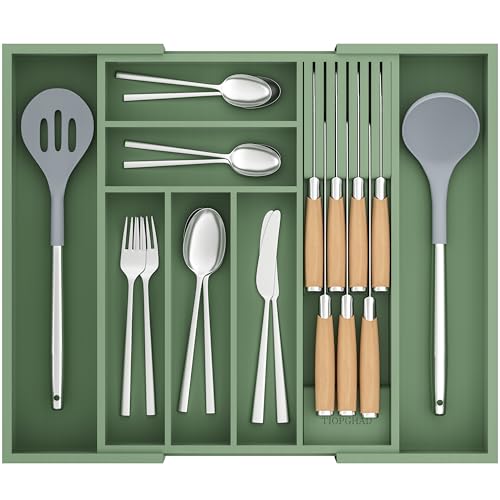 TIOPGHAD Bamboo-Silverware-Drawer-Organizer-Kitchen, Expandable Utensil Holder Cutlery Tray Flatware Organization Adjustable Wood Tableware Dividers Storage (with Removable Knife Block)(Grayish Green) - color: Grayish Green, size: Large