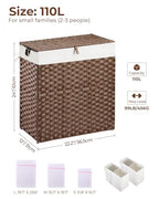 Greenstell Laundry Hamper with lid, No Install Needed, 110L Wicker Laundry Baskets Foldable 2 Removable Liner Bags, 2 Section Clothes Hamper Handwoven Rattan Laundry Basket with Handles, Brown - color: Brown, size: 110L (22.2x13.3x24.0 Inches)