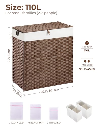 Greenstell Laundry Hamper with lid, No Install Needed, 110L Wicker Laundry Baskets Foldable 2 Removable Liner Bags, 2 Section Clothes Hamper Handwoven Rattan Laundry Basket with Handles, Brown - color: Brown, size: 110L (22.2x13.3x24.0 Inches)