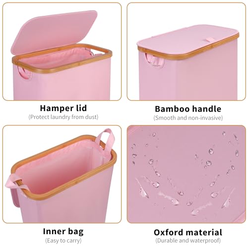 iEGrow 65L Slim Laundry Hamper, Narrow Laundry Basket with Lid,Foldable Clothes Hamper with Bamboo Handles,Hamper Basket with Removable Inner Bag for Laundry Room Bedroom College Dorm,17.17 Gals Pink - color: Pink, size: 65L