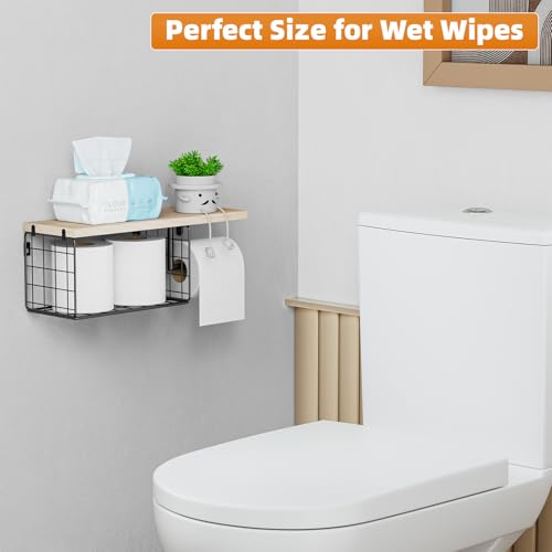 VITVITI Toilet Paper Holder with Shelf, Wall Mounted Toilet Paper Storage Basket, Wood Metal Toilet Roll and Wipes Holder for Bathroom Farmhouse (Natural) - color: Natural