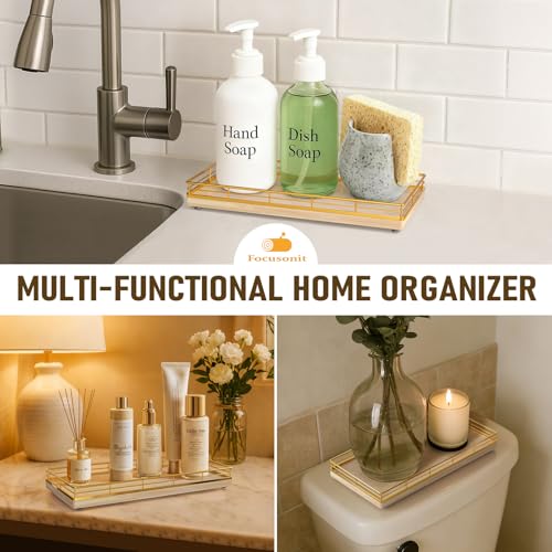Bathroom Vanity Tray for Countertop, 12" x 6" Oak Wood Toilet Tank Tray with Metal Guardrail, Bathroom Organizer for Soap, Perfume & Skincare, Non-Slip Decorative Tray for Dresser, Gold & Natural Oak - color: Natural, size: 12" x 6" x 1.5"