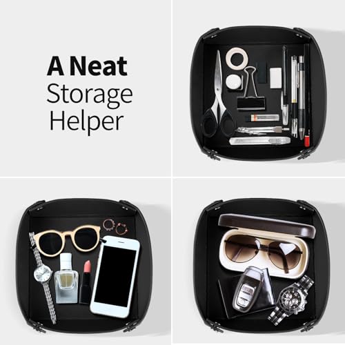 Leather Carbon Fiber Desktop Storage Tray, Decorative Catchall Organizer for Keys, Wallet, Watch, Jewelry, Entryway Table - color: Black