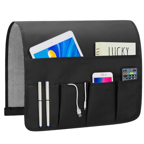Non-slip Couch Organizer Armchair Caddy, Oxford TV Remote Control Holder Bedside Caddy with 5 Pockets for Key Glasses Phone Magazine Holders. - size: 35''x18''