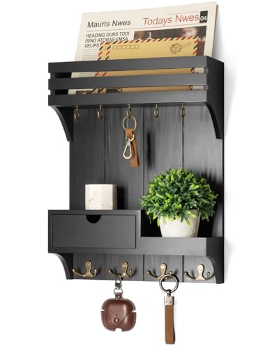 Rebee Vision Modern Key Holder Wall Mount with Mini Drawer Organizer - Decorative Mail Organizer with 9 Key Hooks and Floating Shelf - Stylish Home Decor for Apartment Essentials (Black) - color: Black, style: Small Drawer
