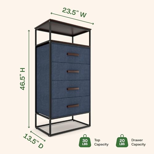 tinge Zana Premium 4 Drawer Fabric Dresser - Small Wood Top Dresser for Bedroom in Ocean Blue - Durable Metal Frame, Sag-Proof Clothes Storage Drawers & Sleek Wooden Handles (Navy) - color: Ocean Blue (Navy), size: 13.5"D x 23.5"W x 46.5"H (4 Drawers)