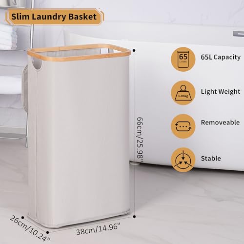 65L Slim Laundry Hamper, Narrow Laundry Basket with Lid,Foldable Clothes Hamper with Bamboo Handles,Hamper Basket with Removable Inner Bag for Laundry Room Bedroom College Dorm,17.17 Gals（Light Grey） - color: Light Grey, size: 65L