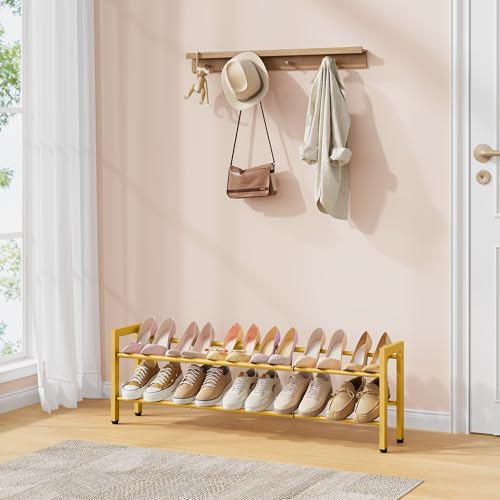 FAVOOSTY 2-Tier Expandable Shoe Rack, Adjustable Shoe Shelf Storage Organizer Space Saving Metal Free Standing Shoe Rack for Entryway Closet Doorway, Gold - color: Gold, size: 2 Tier