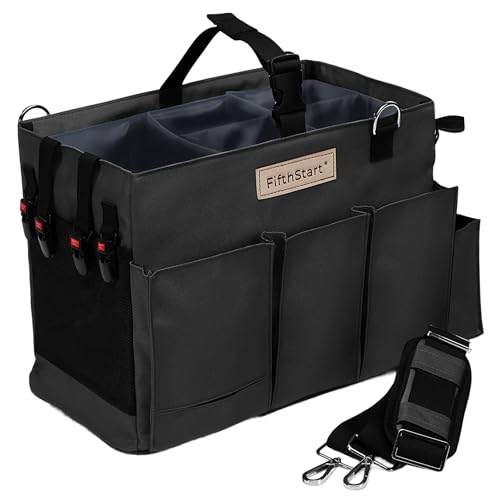 FifthStart Multiuse Cleaning Caddy with Waist & Shoulder Strap - Diaper Caddy & Beach Bag - 9 Pockets & Mesh Base - Adjustable Compartments (Black, Small) - Cleaning Supplies Organizer Bag - color: Black, size: Small