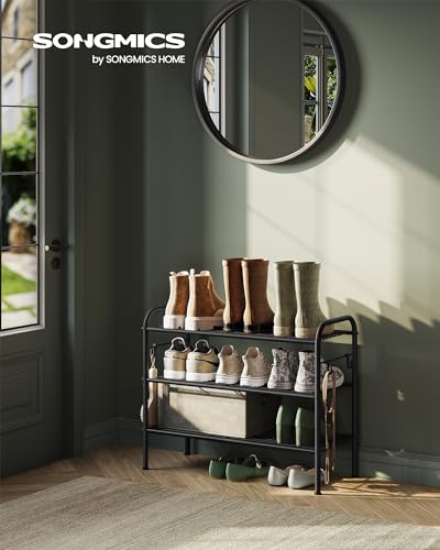 SONGMICS Shoe Rack, 3-Tier Shoe Organizer, Metal Shoe Shelf Storage with 4 Side Hooks, Holds 12 Pairs of Shoes, Height-Adjustable Shoe Rack for Entryway, Hallway, Closet, Ink Black ULMR068B01 - color: Ink Black, size: 3 Tiers (26.7"W)