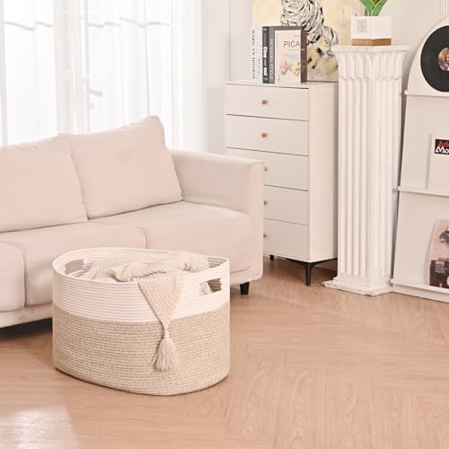 ICERZCZ Extra Large Blanket Basket for Living Room, Rectangle Woven Cotton Rope Storage for Blankets, Toys, Clothes, Shoes, 25”x16”x16”, Off White & Brown, 108L - color: Off White & Brown, size: 25”x16”x16”