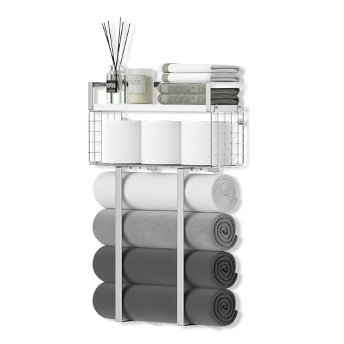 Towel Racks for Bathroom, Bathroom Shelf Over Toilet,Floating Shelves with Towel Rack Paper Holder Storage Basket,Floating Shelves for Wall Decor,Silver - color: Silver, size: Large