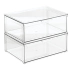 mDesign Plastic Stackable Bathroom Storage Organizer Bin Containers with Front Pull Drawer for Bathroom Countertop, Vanity, Closet Shelves - Holder for Accessories - Lumiere Collection, 2 Pack, Clear - size: 16 x 12 x 6 (Pack of 2)