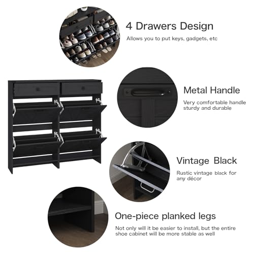 Halitaa Shoe Cabinet with 4 Flip Drawers & 2 Drawers,Farmhouse Shoe Storage Cabinet for Entryway,Slim Freestanding Organizer Rack for Front Door Entrance,Black - color: Black, style: 4-Drawers