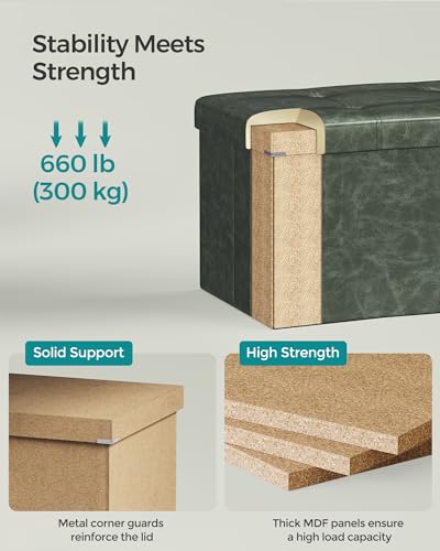 SONGMICS Mazie Collection - 30 Inches Folding Storage Ottoman Bench, Ottoman with Storage, Foot Rest Stool, Load 660 lb, for Living Room, Synthetic Leather, Forest Green ULSF040C01 - color: Forest Green, size: 15"D x 30"W x 15"H