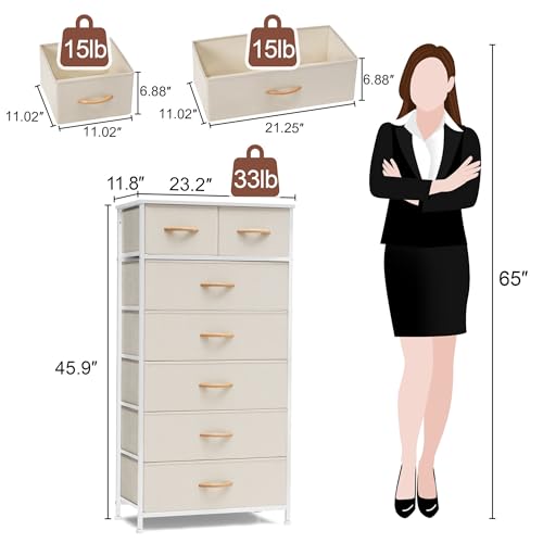Crestlive Products Vertical Dresser Storage Tower - Sturdy Steel Frame, Wood Top, Easy Pull Fabric Bins, Wood Handles - Organizer Unit for Bedroom, Hallway, Entryway, Closets - 7 Drawers (Beige) - color: Beige, style: 7 Drawers