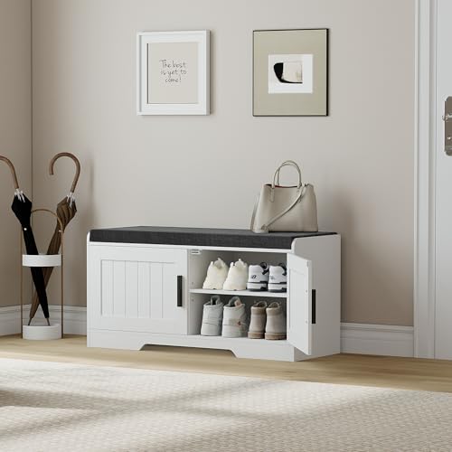 Homleke 2-Tier Storage Bench, Shoe Bench with Thickened Padded Seat Cushion, Entryway Bench with 2 Doors, Adjustable Shelf, 13.8" D x 37.4" W x 18.5" H, for Entryway, Living Room, Bedroom, White - color: White, size: 37.4"