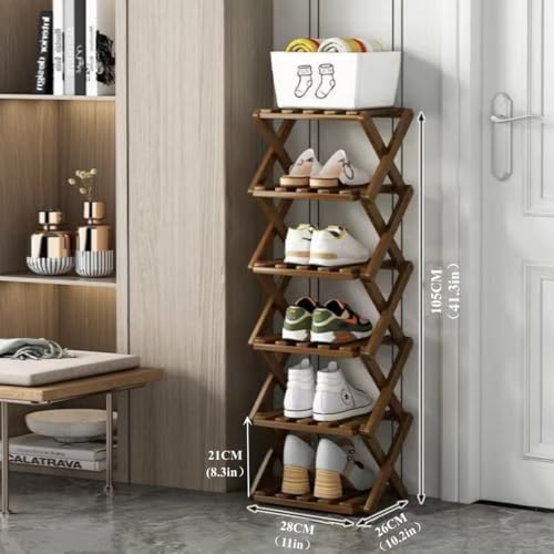 Foldable Shoe Rack, Bamboo Vertical Shoe Organizer Tall for Small Spaces. Multifunctional Narrow Shoe Shelf for Entryway, Closet, Corner, Bedroom, Hallway, Brown Color 6 Layers - color: Brown, size: 6 Layers