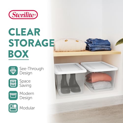 Sterilite 16 Pack Storage Box, 20 Quart Stackable Tote, Clear Plastic Container with Secure Snapping Lids for Home and Office Organization, White - size: 20 Quart, style: 16