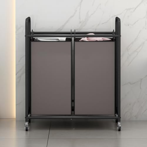 SUOERNUO Laundry Hamper Basket 2 Bag Laundry Sorter Cart with Rolling Lockable Wheels and Removable Bags Laundry Organizer Cart for Clothes Storage, Assorted - color: Brown, size: 2 Bags