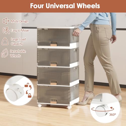Giantex 4 Tier Stackable Storage Bins with Lids, 18 GalFoldable Shoe Storage Box with Detachable Wheels & Flip-Up Doors, Collapsible Closet Organizers and Storage Bins - size: 18Gal-4Pack