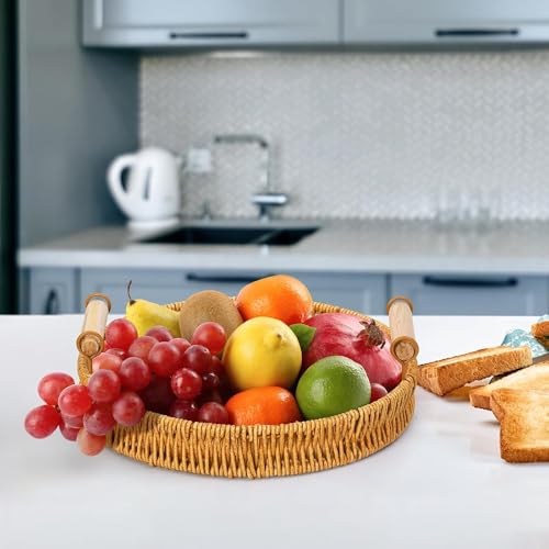 GIB Small Round Rattan Serving Trays with Handles, Decorative Woven Wicker Baskets Serving Trays for Coffee Table Decor, Bread, Fruit, Snacks, Set of 3 - color: Round - Set of 3