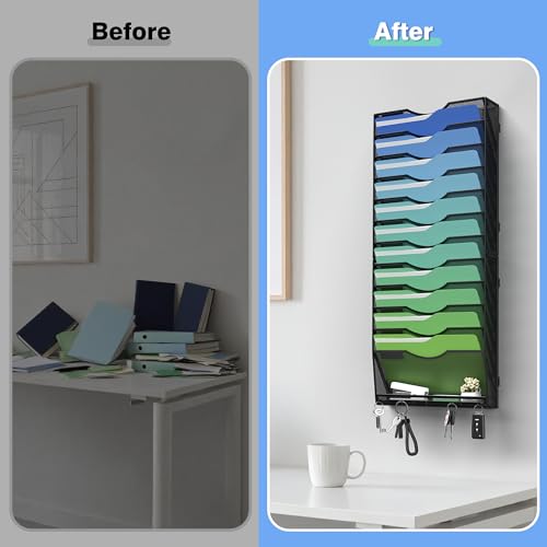 Kuntine.B Wall File Organizer Office Hanging Magazine Holder Wall File Organizer for Office Home (Black, 13 Tier & Key Holders) - color: Black, size: 13 Tier & Key Holders