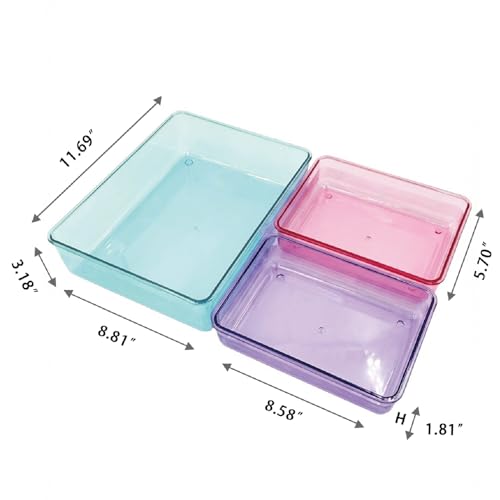 MOSSRIVER 3 Pack Clear Drawer Organizer Set, Plastic Desk Organizer Bin with Lid & Trays, Colorful Storage Box with Removable Trays for Cosmetics, Jewelry, Bedroom, Bathroom, Office, Combo 02 - color: Color 02