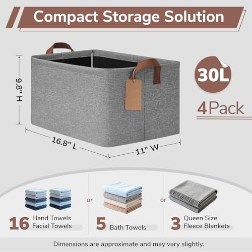 CHICVITA 4 Pack Large Storage Baskets for Shelves, Foldable Storage Bins for Clothes Towels Organization, Toy Organizer Bins for Nursery, Living Room, 16.8" x 11" x 9.8", Gray - color: Gray, size: 30L (16.8"L x 11"W x 9.8"H)