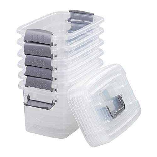 6-Pack Home Storage Bins, Plastic Container, Latching Box with Handle (Grey handle) - color: Grey handle