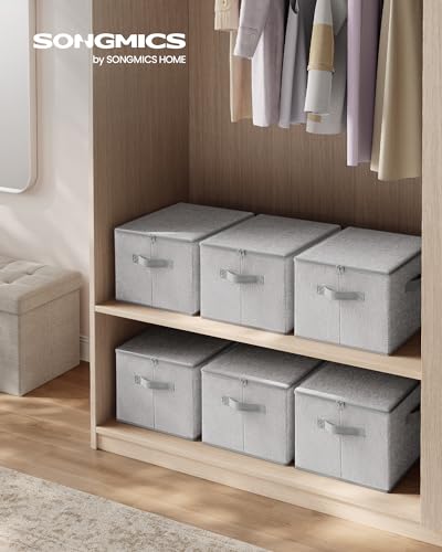 SONGMICS Foldable Storage Organizer Boxes, Set of 3 Storage Basket Bins with Lids, Handles, Clothes Organizer, 15.7 x 11.8 x 9.8 Inches, Non-Woven Fabric, Dove Gray URZB003W01 - color: Dove Gray, size: 3 Pack (15.7''L x 11.8''W x 9.8''H)
