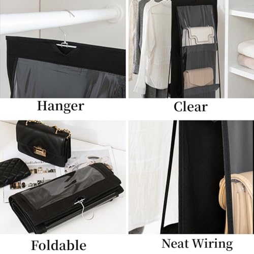 HAN SHENG 10 Pockets Clear Handbag & Purse Organizer Hanging Bag Storage - Space Saving Hanging Shelf for Closet, Wardrobe, Over Door (2 Pack, Black) - color: Black, size: 10 Pockets-2pcs