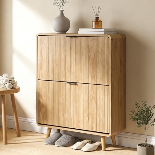 FurSch Fluted Shoe Storage Cabinet with 2 Flip Drawers, Narrow Shoe Rack Cabinet Organizer with Adjustable & Removable Shelves for Entryway (All Natural, 2 Drawers) - color: All Natural, size: 2 Drawers