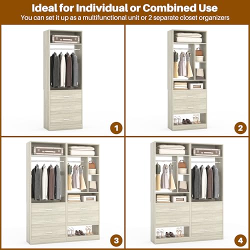 Besiost 4FT Closet Systems with 5 Wood Drawers, 48 Inch Closet Organizer System with 2 Hanging Rods & 7 Shelves, 48" Walk-in Closet, White Oak (48"L x 15" W x 80" H) - color: White Oak