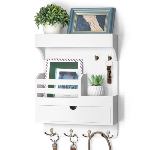 Rebee Vision Key Holder Wall Mount with Drawer Organizer – Pine Wooden Mail and Key Organizer with 6 Sturdy Hooks and Wall Shelf – Modern Living Room Decor for a Modern Home (White) - color: White, style: Large Drawer