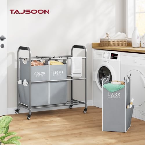 Tajsoon 3 Bag Laundry Sorter Cart, Laundry Hamper Sorter Basket with Heavy Duty Lockable Rolling Wheels for Clothes Storage, Grey & White - color: GreyWhite, size: 3 Bag