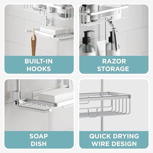Zenna Home Rustproof Hanging Shower Caddy, Over the Shower Head Caddy with 2 Shelves and Built In Hooks, Aluminum Bathroom Hanging Organizer, Satin Chrome - color: Satin Chrome