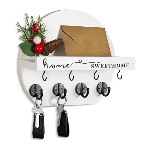 Key Holder for Wall, Key and Mail Holder Organizer - Key Holder Wall Mount with Bouquet Shelf and Key Hooks, Round Wooden Rustic Key Rack for Entryway and Home Decor (White&Black) - color: White&Black