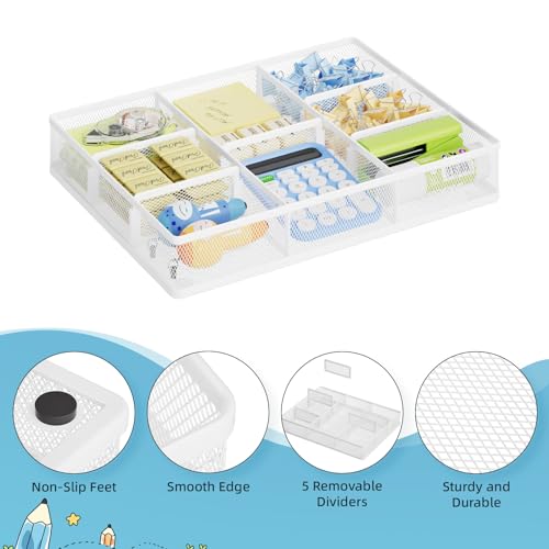 Marbrasse 2P Desk Drawer Organizer, Metal Mesh Drawer Organizer Tray with 5 Adjustable Compartments,Desk Organizers and Accessories for Home,Office,Kitchen,Makeup,Vanity (White) - color: 2Pack White
