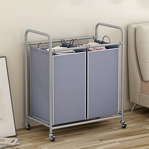 SUOERNUO Laundry Sorter Basket 2 Bag Laundry Hamper Cart with Rolling Lockable Wheels and Removable Bags Laundry Organizer Cart for Clothes Storage, Grey - color: Grey, size: 2 Bags
