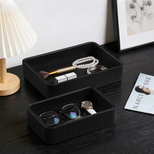 Desk Organizer Tray, PU Leather Nightstand Organizer Perfume Valet Tray for Men Women, Decorative Vanity Trays Trinket Dish Key Bowl for Entryway Table (2pcs, Black, Large+Small) - color: Black, size: 11.5" x 8.3" x 2.2"& 9.5" x 6" x 2.2"