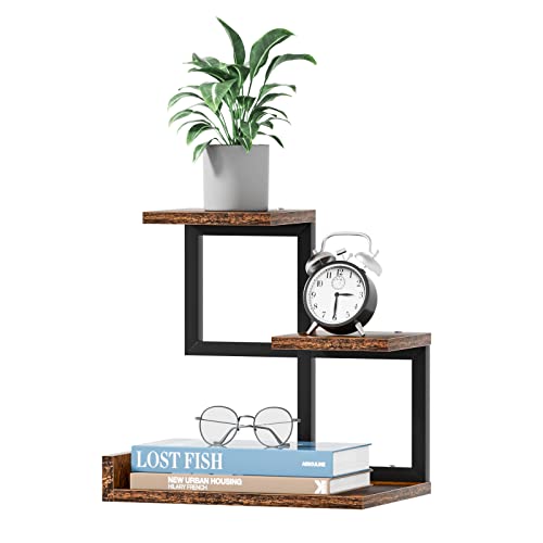 Gannyfer Office Decor Desk Shelf Organizer - Wood Desktop Shelf, Freestanding Desk Hutch, 3 Tier Storage Display Rack, Small Bookshelf with Metal Frame for Books/Plants/Toys (Rustic Brown Black) - color: Brown