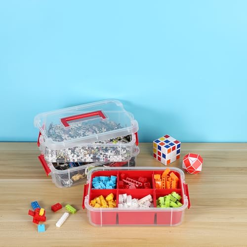 JUXYES 2Pack 3-Tiers Stack Carry Storage Box With Divided Tray, Transparent Stackable Storage Bin With Handle Lid Latching Storage Container for School & Office Supplies, Red - color: Red