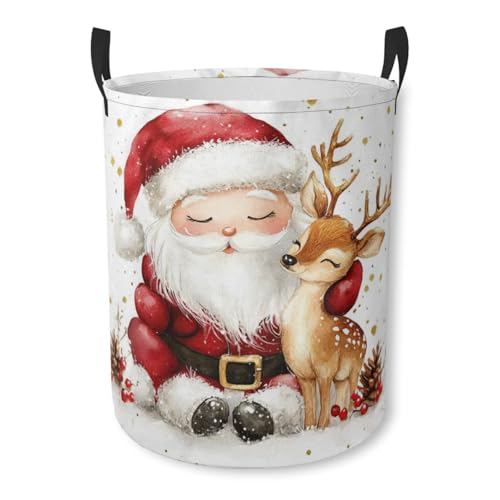 Santa Claus and Deer Laundry Basket Foldable Laundry Hamper with Handles Clothes Storage Bin for Household Bedroom Bathroom Dorms 17.3"x13.6" - color: Santa Claus and Deer