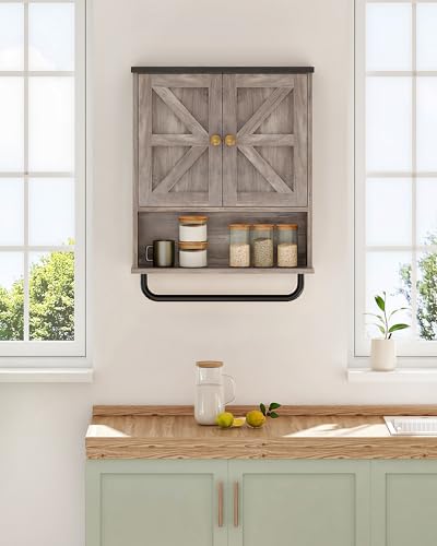 CHOEZON Bathroom Wall Cabinet, Medicine Cabinet with Open Partition and Towel Bar, Rustic Storage Cabinet with Open and Hidden Storage Space, for Bathroom, Living Room, Greige and Charcoal Black - color: Greige and Charcoal Black, size: 7.1"D x 18.9"W x 2