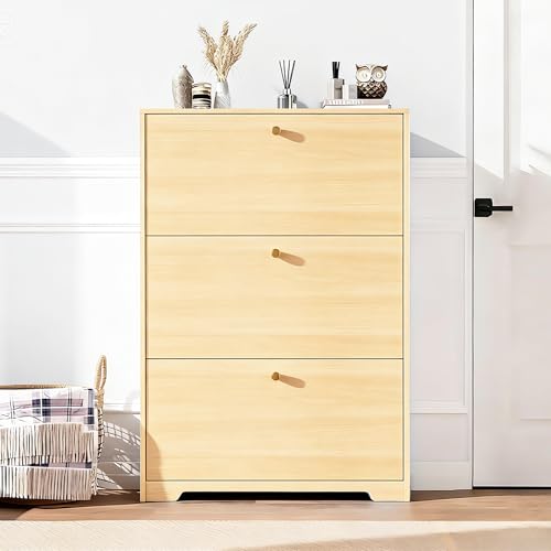 Nicetree Shoe Cabinet with 2 Flip Drawers，Freestanding Shoe Storage Cabinet, Narrow Shoe Organizer Cabinet, Farmhouse Slim Shoe Rack Cabinet for Entryway,Natural Oak with Hook - color: Natural Oak, style: 3-Drawers with Hook