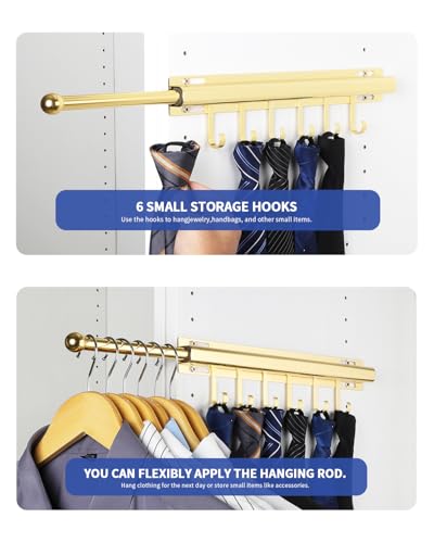 BaiNong 16.5" Valet Rod for Closet Pull Out With 6 Hooks Valet Rods for Closets (2Pack Gold) Closet Valet Rod Slide Out - color: Gold/2 Pack, size: 16.5 Inch