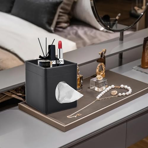 Tissue Box Cover Square Tissue Box Holder PU Leather Facial Tissues Organizer with Storage Tray for Bathroom Vanity Bedroom Office Car, Stylish Napkin Caddy Decorative Organizer (Black) - color: Black